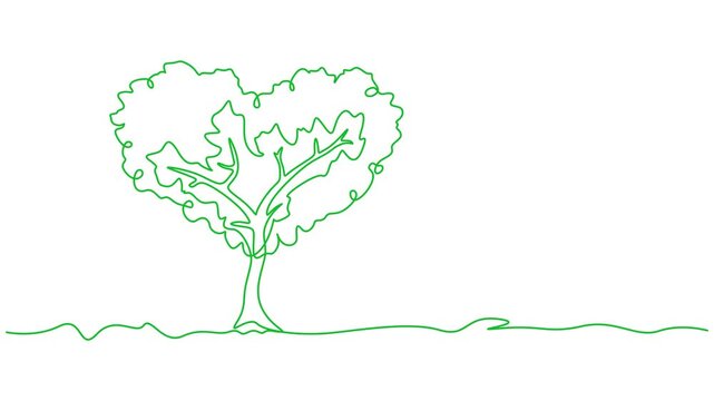 Self drawing animation of continuous one line drawing dry tree with many branches with branches forming a love shape, A very shady tree that is cared for with all the heart. Tree Concept. Full length.