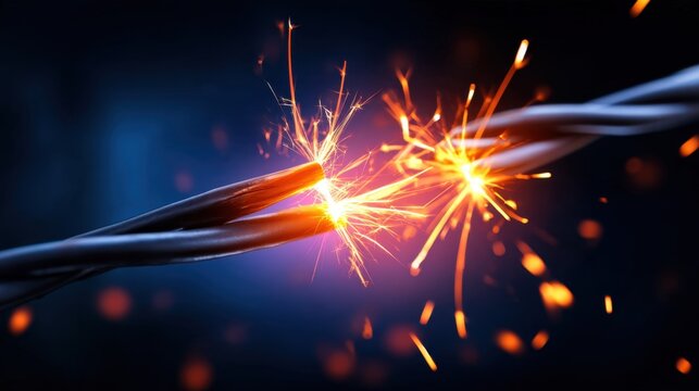 A close-up view of two wires sparking as they come into contact, creating vibrant lights