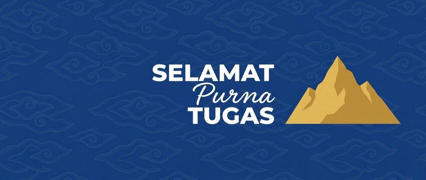 Selamat Purna Tugas Indonesian Retirement Greeting Background with Golden Mountain Vector and Blue Batik Pattern for Farewell Banner Poster Card Appreciation Ceremony Celebration Design Graphic Elemen