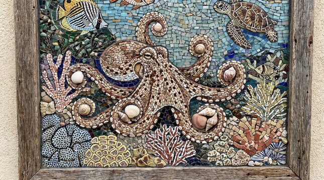 Mosaic art depicting exotic marine animals, Colorful Mosaic of an Octopus with Seashells