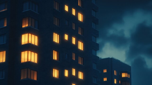 The night skyline showcasing illuminated windows of tall buildings against a moody sky