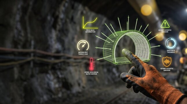 Gloved hand interacting with holographic 3d tunnel structure displays critical geotechnical data points for modern mining and civil engineering projects