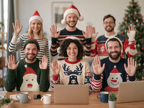 Diverse team of colleagues in Christmas sweaters and Santa hats waving hands during a video call in the office
