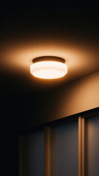 A modern ceiling light casts a warm glow in a dimly lit room with stylish cabinetry