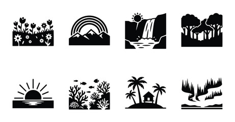 Obraz premium Nature Landscape Icons: Mountains, Waterfall, Forest, Tropical Island, Aurora, Sunrise, Flowers, Coral Reef