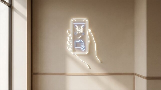 Contactless payment neon sign on wall showing mobile phone with QR code and digital wallet