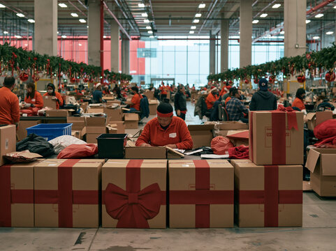 Busy fulfillment center and warehouse with workers packing holiday orders and large cardboard boxes decorated with red ribbons in the foreground