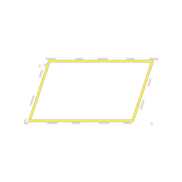 Yellow neon parallelogram frame with futuristic technical markings and dots.