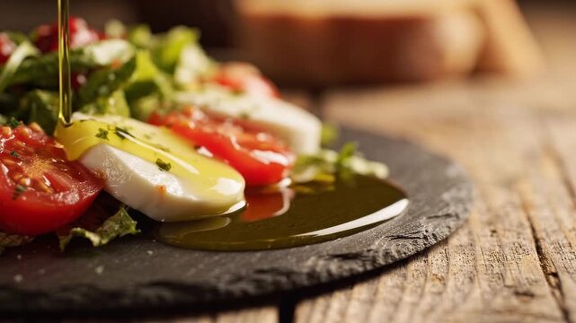 Olive oil pouring over fresh caprese salad with mozzarella cheese and tomatoes on slate plate.