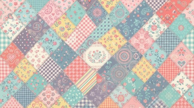 Seamless patchwork quilt pattern with floral, paisley, polka dot, and gingham tiles in pastel retro colors