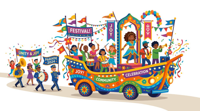 Colorful Street Parade Float with Musicians and Dancers
