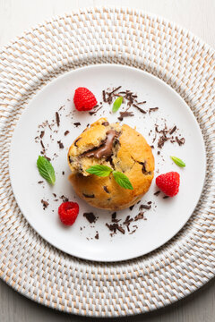 Top-down view of an American-style cookie filled with cocoa cream. Traditional Spanish recipe. 