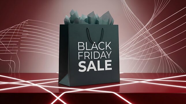 Black friday sale shopping bag concept with digital cyber ay aesthetic on a dark red background