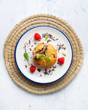 Top-down view of an American-style cookie filled with cocoa cream. Traditional Spanish recipe. 
