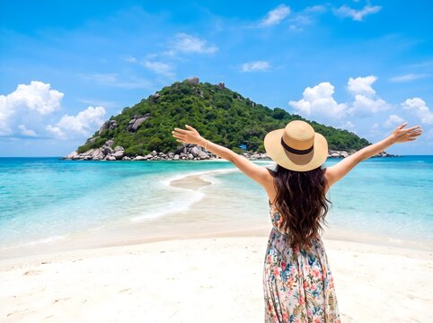 Woman with arms outstretched enjoying tropical beach and island view on a sunny day