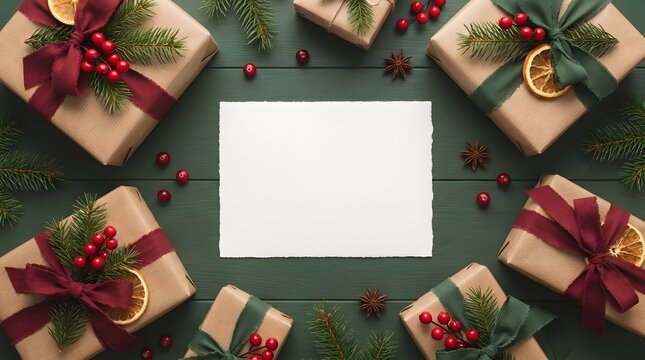 Festive christmas scene with presents and a blank card for holiday greetings and celebrations