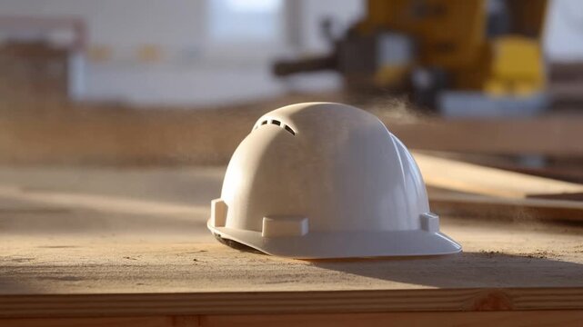 White Hard Hat on Wood Board with Dust Blowing Across Construction Site