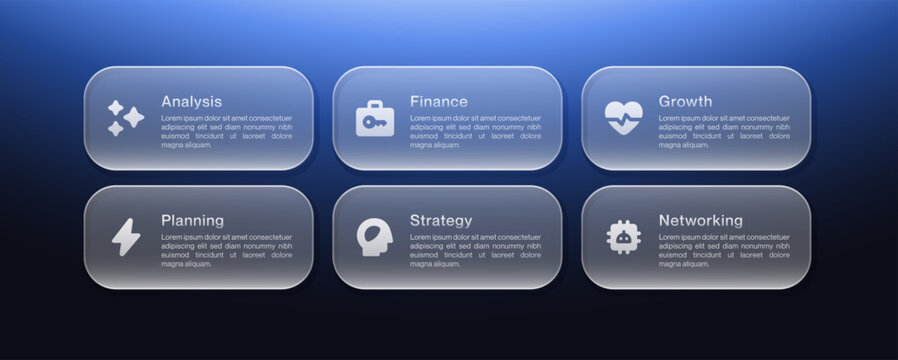 Dark liquid glass infographic with 6 step flowchart for business presentation, transparent elements, modern workflow process, pitch deck, corporate proposal resume, timeline design, dark background.