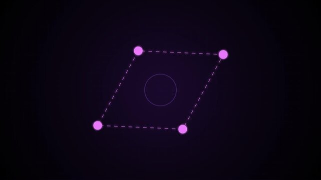 Glowing geometric shape with pink dots and dashed lines on a dark background