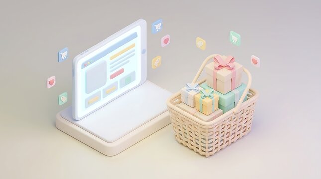 A 3d render illustration representing cyber ay concept with a laptop and a shopping basket for online retail