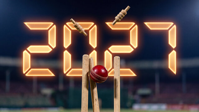 Cricket ball hitting stumps with bails flying under digital 2027 display for new year sports season tournament preview and match promotion