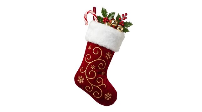 A festive red christmas stocking filled with holiday cheer and decorated with holly