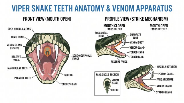 Educational Viper Snake Anatomy Chart Showing Teeth And Venom Apparatus Details On White Background