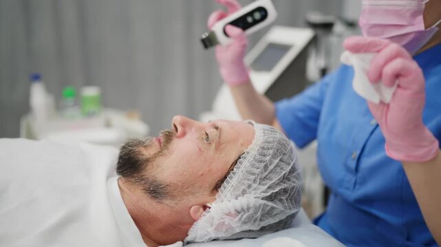 Professional beautician performing ultrasonic facial peeling on male client with skin scrubber device in modern cosmetology salon, showcasing deep cleansing, skincare and professional facial treatment