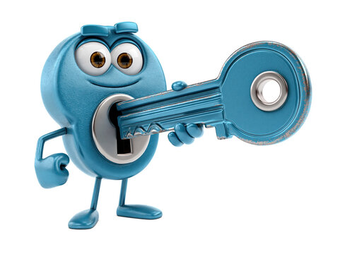 Blue character holding a large key isolated on white background