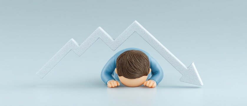 Conceptual image of a dejected businessman resting his head on a desk symbolizing declining stock market trends and economic difficulties set against a soft light blue background