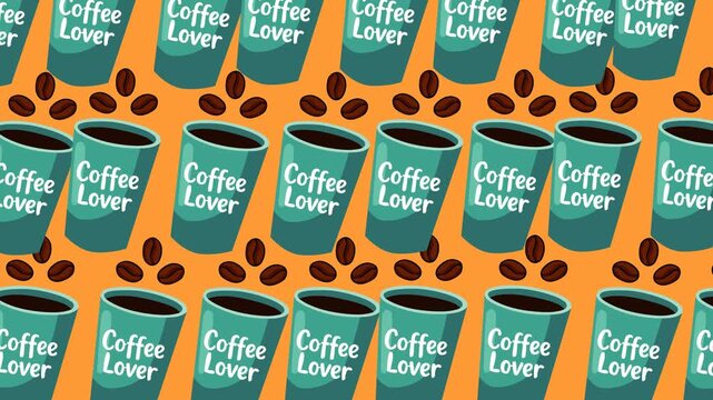 Seamless animated coffee background featuring repeating teal coffee cups, roasted coffee beans, and a vibrant orange backdrop