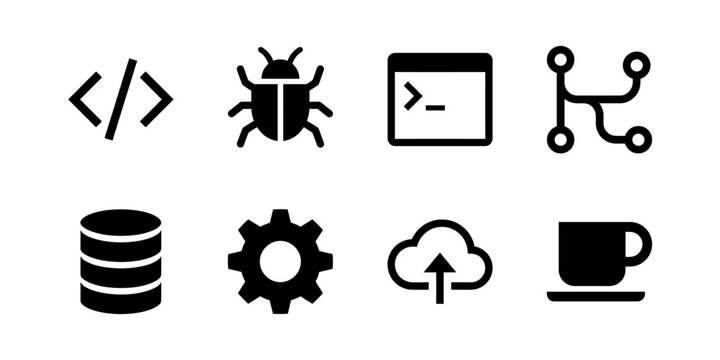 Software Development and Programming Icon Set, Web Coding Glyph Vector Symbols