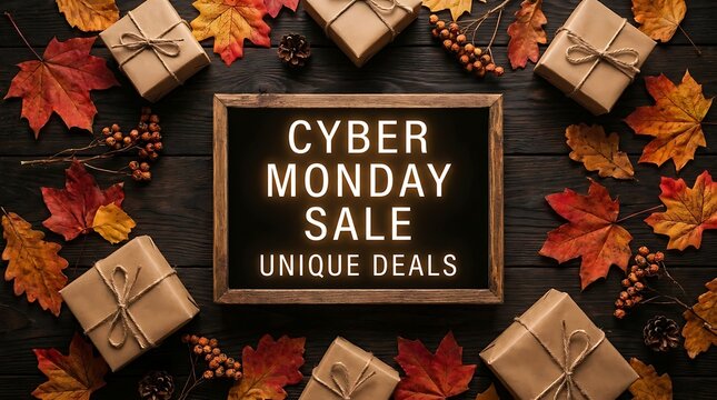 A festive chalkboard sign advertising a cyber monday sale with autumn leaves and wrapped gift boxes