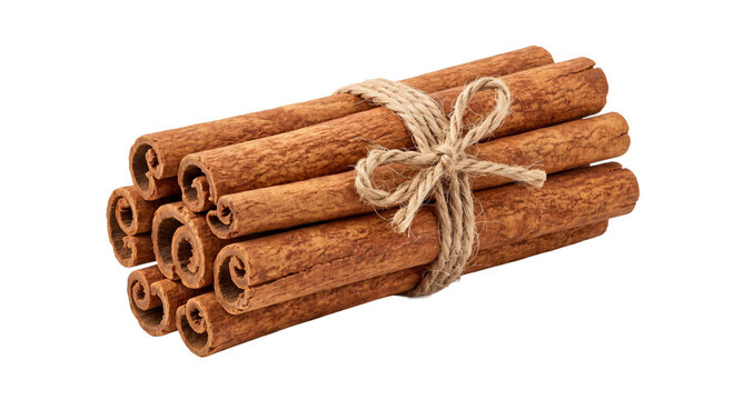 Bundle of cinnamon sticks tied with natural twine on a white background