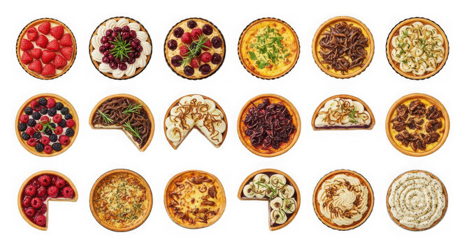 Collection of gourmet savory tarts and quiches isolated on transparent background