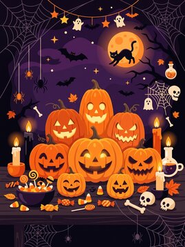 Halloween Pumpkin Background with Spooky Night Scene, Full Moon, Bats, Dark Trees and Autumn Holiday Decorations, Scary October Horror Vector Illustration