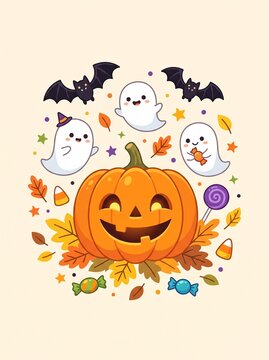 Happy Halloween Pumpkin with Boy, Jack O Lantern, Spooky Autumn Holiday Decoration, Orange Pumpkin, Scary Smile, Festive October Celebration, Cartoon Vector Illustration