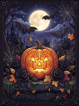 Halloween Pumpkin and Bats Background with Moonlit Night, Spooky Trees, Lanterns and Autumn Holiday Decorations Vector Illustration