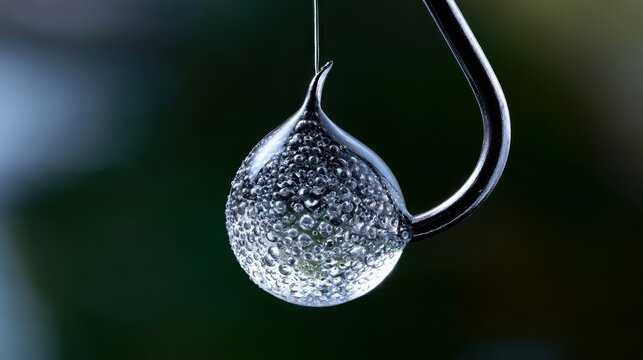 A close-up view of a water droplet suspended from a metal hook, showcasing intricate details
