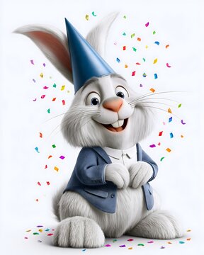 adorable white rabbit wearing a blue cone party hat and formal jacket, sitting upright with a warm friendly expression, colorful confetti floating gently around, pure white background, realistic 3D