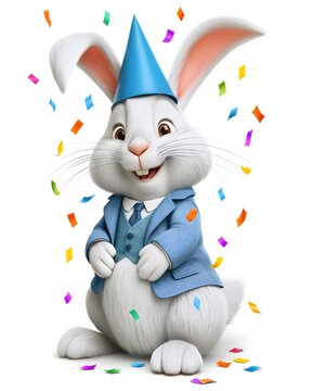 adorable white rabbit wearing a blue cone party hat and formal jacket, sitting upright with a warm friendly expression, colorful confetti floating gently around, pure white background, realistic 3D