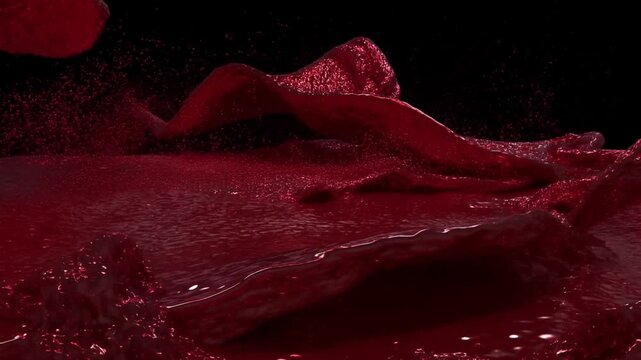 Red glossy liquid blob shaped as an abstract puddle on a black background