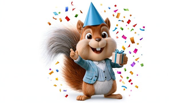 cute squirrel wearing a blue party hat and miniature formal jacket, holding a small gift box, playful celebratory mood, colorful confetti around the character, isolated on pure white background,