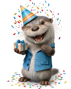 adorable otter wearing a festive party hat and elegant blue vest, holding a small wrapped present with both paws, joyful celebration atmosphere, colorful confetti, pure white background, realistic 3D