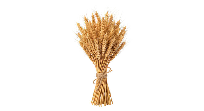 Bundle of golden wheat stalks tied with twine on a white background