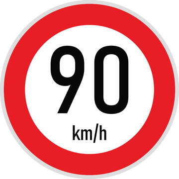 Speed limit 90 km/h traffic road sign icon. Maximum driving speed control and highway regulation warning symbol