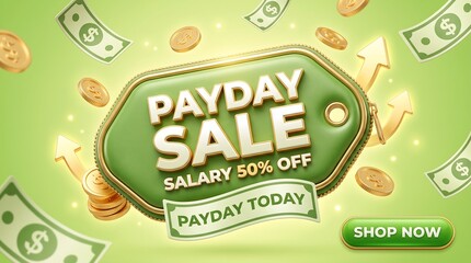 Naklejka premium Payday sale promotional tag with floating money and coins