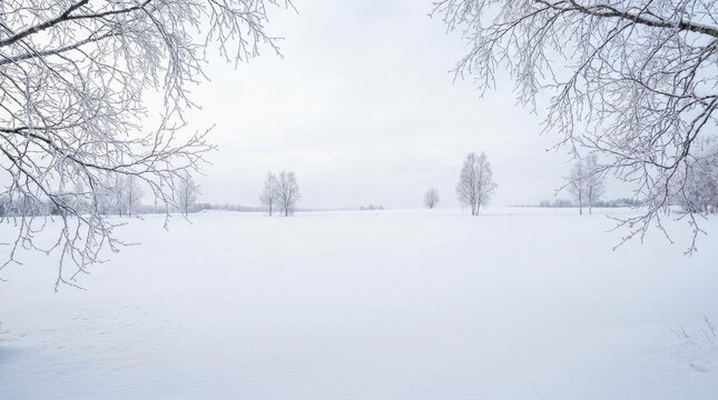 Serene winter landscape with snowcovered field and frosted trees under a soft overcast sky