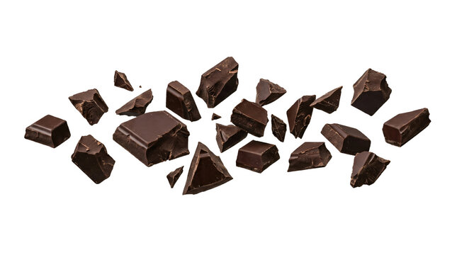 Broken pieces of dark cocoa chocolate chunks scattered dynamically in air floating on transparent background