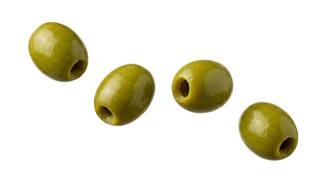 Fresh green pitted olives floating in diagonal arrangement isolated as gourmet culinary ingredients on transparent background